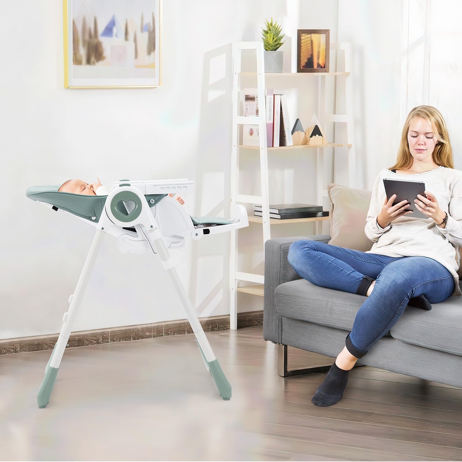 Chaise haute pliable Garvee verte pour bébé – Hauteur réglable avec harnais 5 points et double tablette pour bébés jusqu'à 22,5 kg