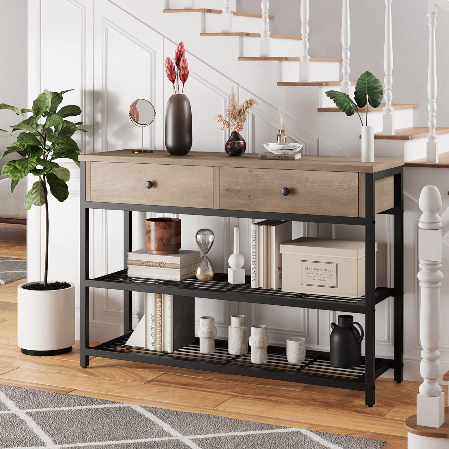 Console Garvee avec 2 tiroirs, structure en métal, étagère métallique à 2 niveaux pour entrée et salon, pieds réglables, robuste, panneaux de particules, noir