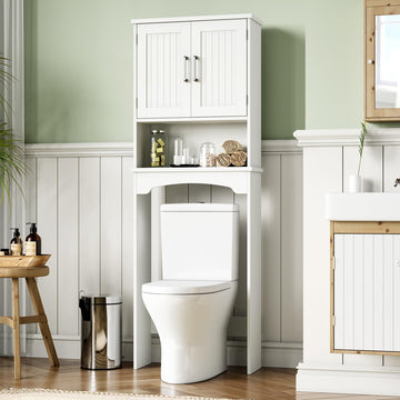 Meuble de rangement Garvee à suspendre au-dessus des toilettes, en MDF avec double porte et protection anti-basculement, pour salle de bain et buanderie, blanc, gain de place, polyvalent