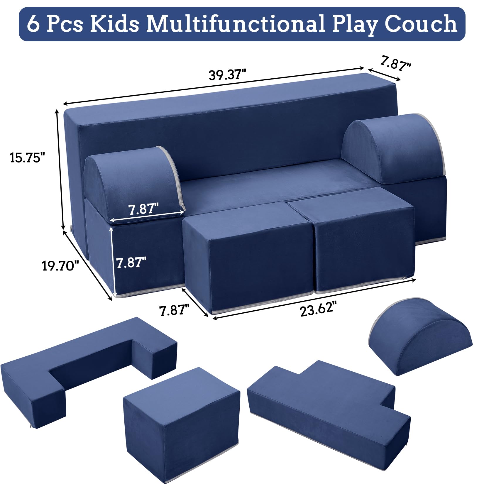 Canapé de jeu Garvee pour enfants, 6 pièces, modulable, bleu marine, revêtement en microfibre douce, mousse haute densité, idéal pour la salle de jeux, 99 x 51 x 41 cm