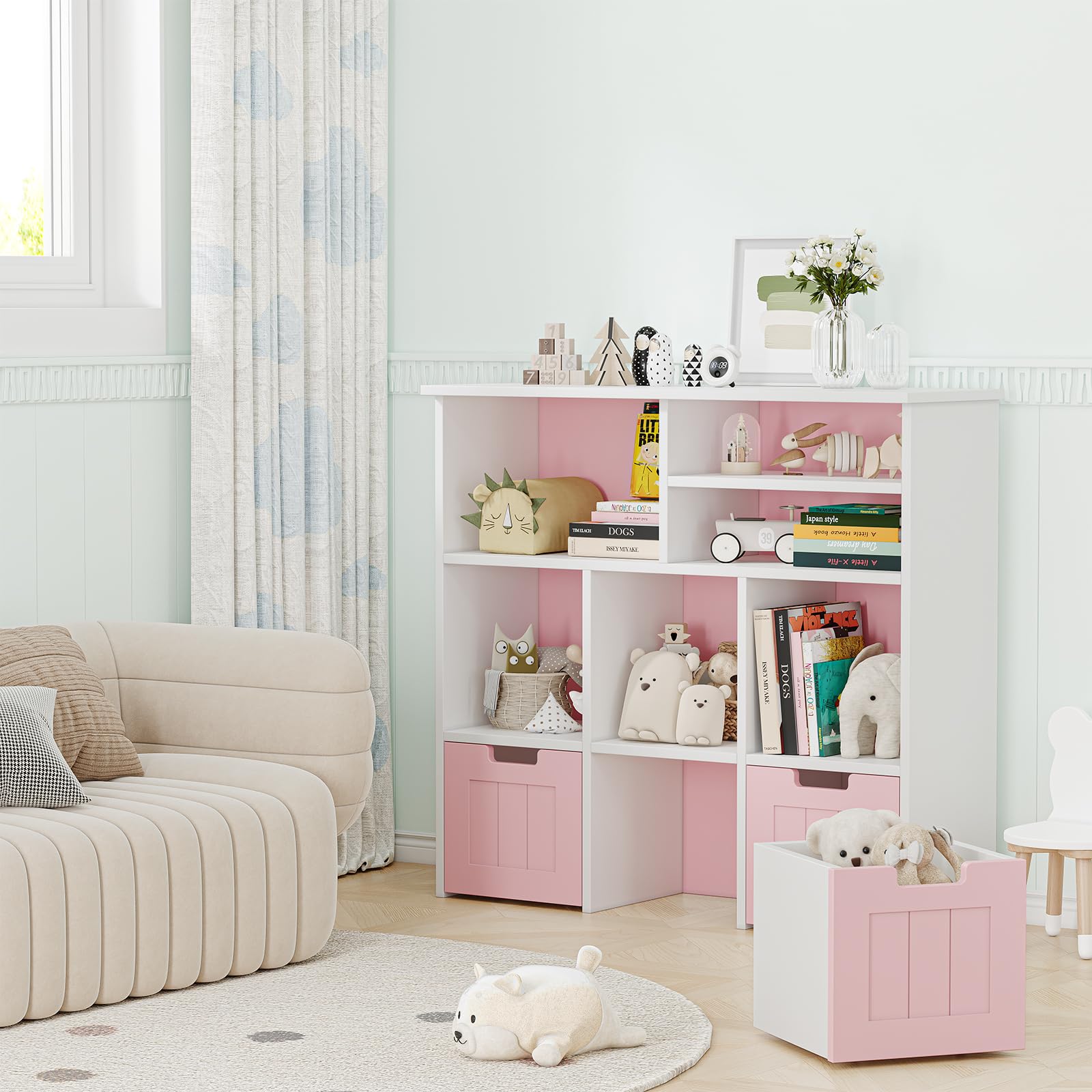 Étagère à jouets Garvee pour enfants avec 3 tiroirs, roulettes, MDF, rose, pour chambre et salle de jeux, polyvalente et sûre
