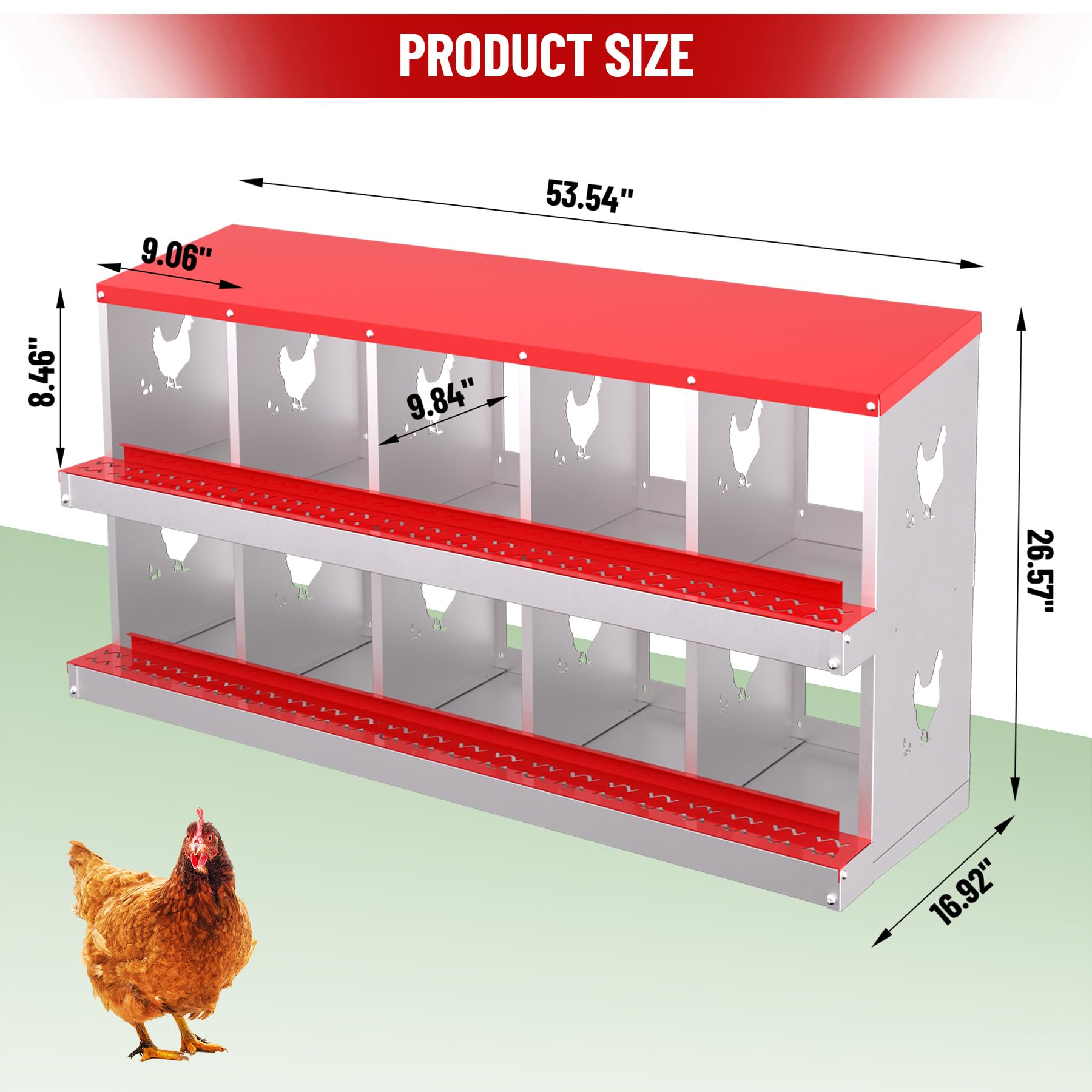 Garvee pondoir métallique pour poules à 10 compartiments, acier galvanisé robuste, système de collecte automatique des œufs par roulement, conception ventilée, fixation murale, rouge, pour poulailler et basse-cour