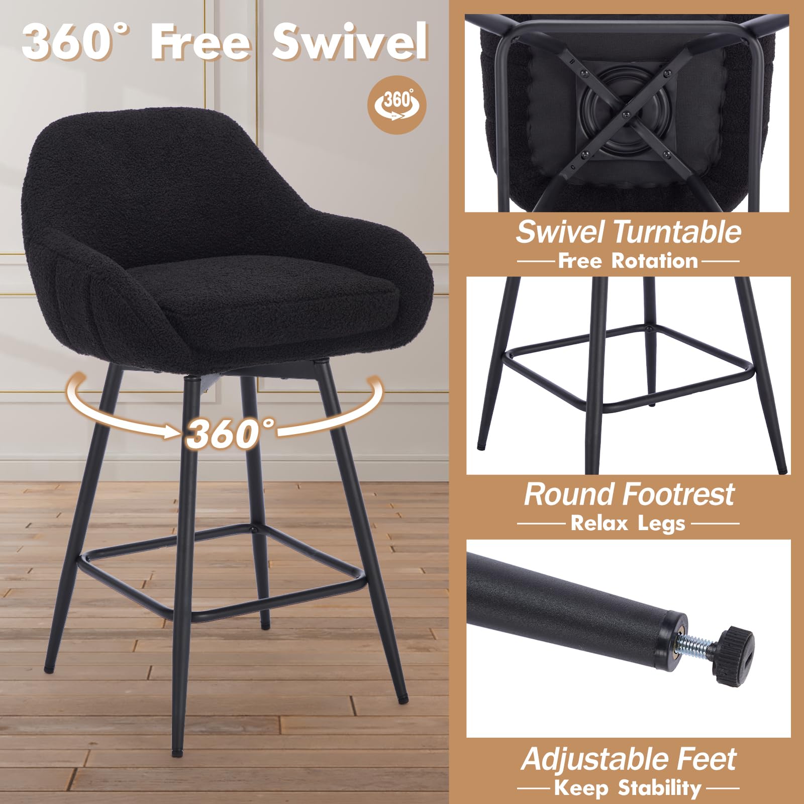 Tabourets de bar pivotants modernes Garvee, lot de 2, hauteur comptoir 66 cm, tissu sherpa, pieds en métal, noir, îlot de cuisine
