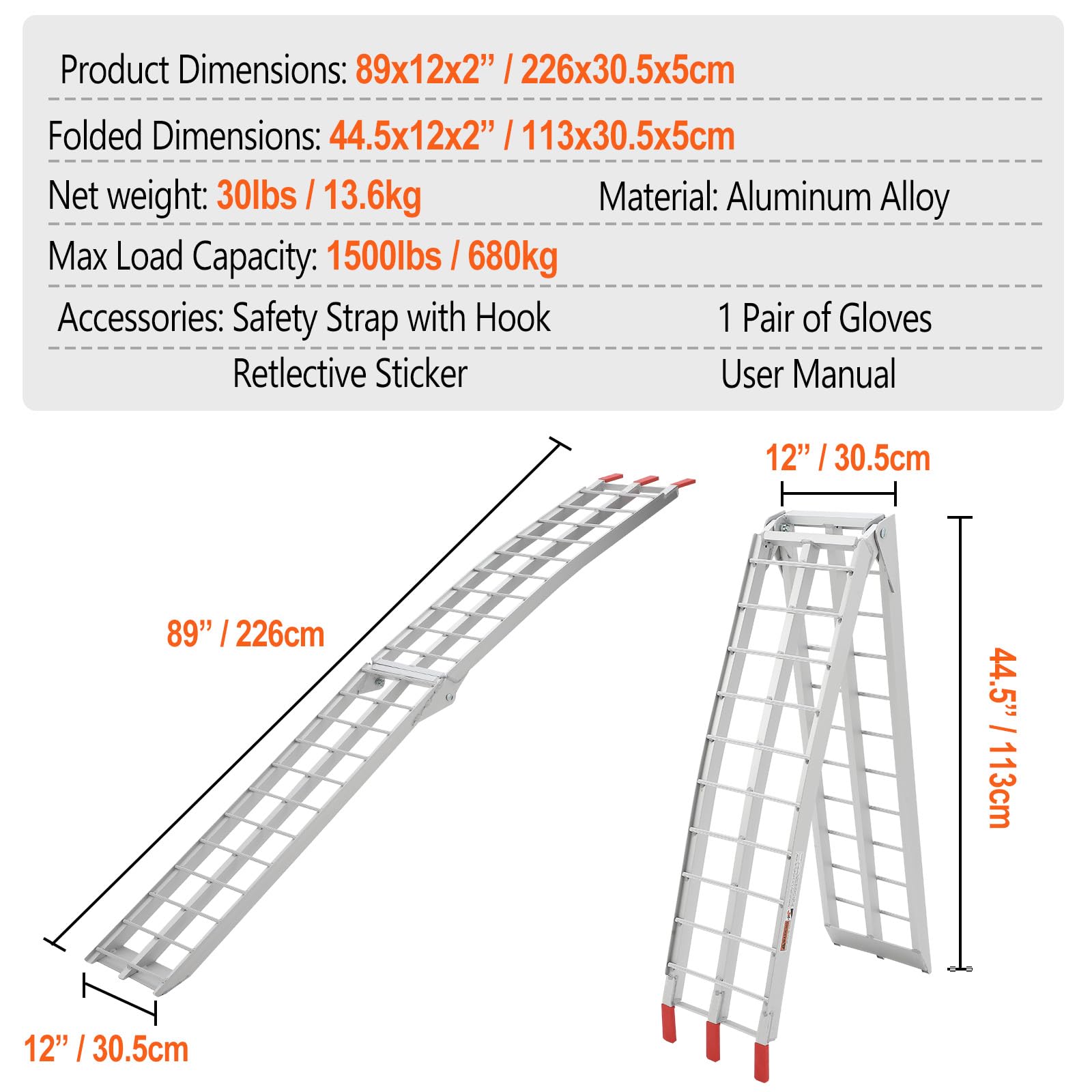 Rampes de chargement en aluminium Garvee, lot de 2, capacité de charge de 2722 kg (6000 lb), pour camions et VUS, 152 x 30,5 cm (60 x 12 po), légères et résistantes à la corrosion.