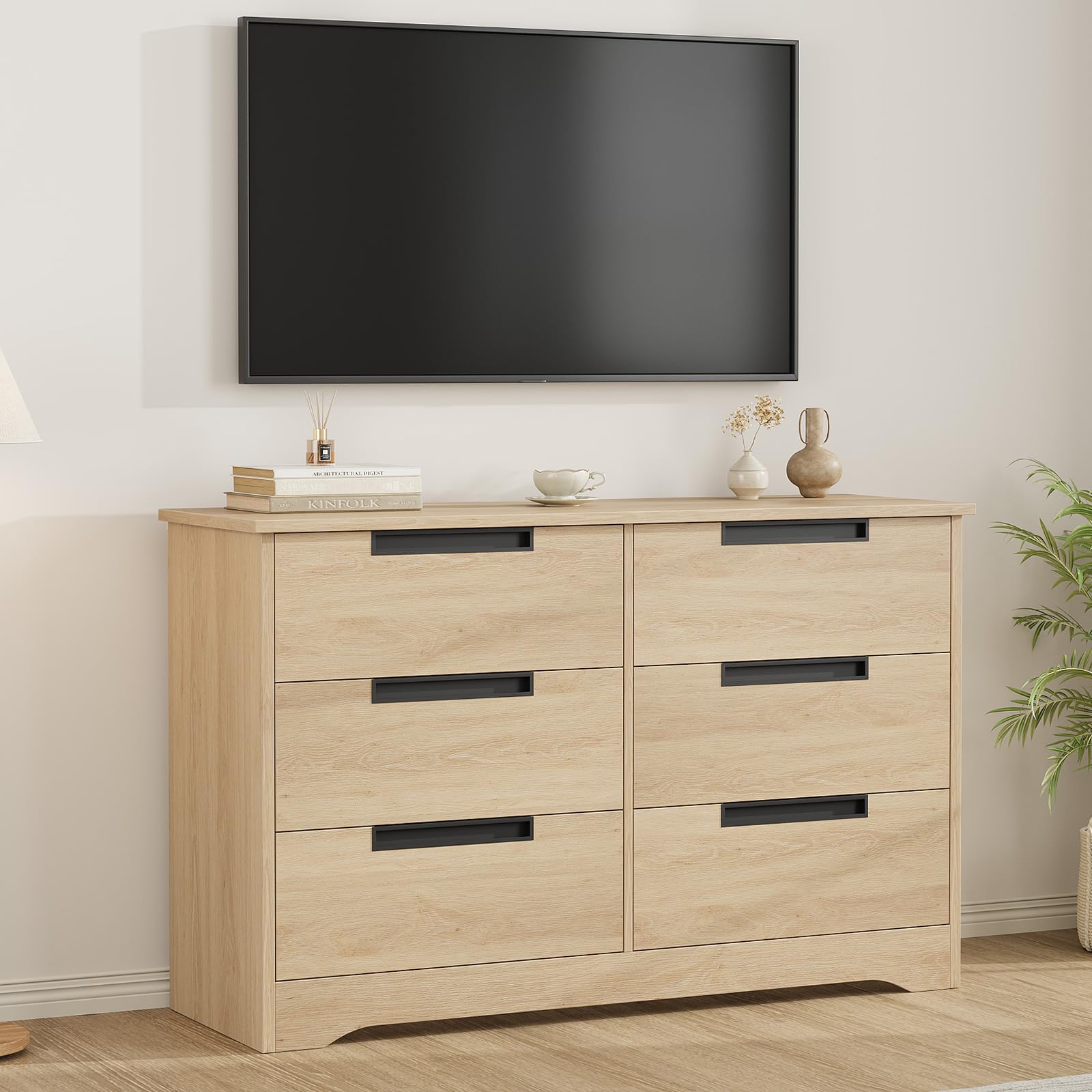 Commode moderne en bois Garvee à 6 tiroirs avec poignées encastrées pour chambre et salon, robuste et polyvalente