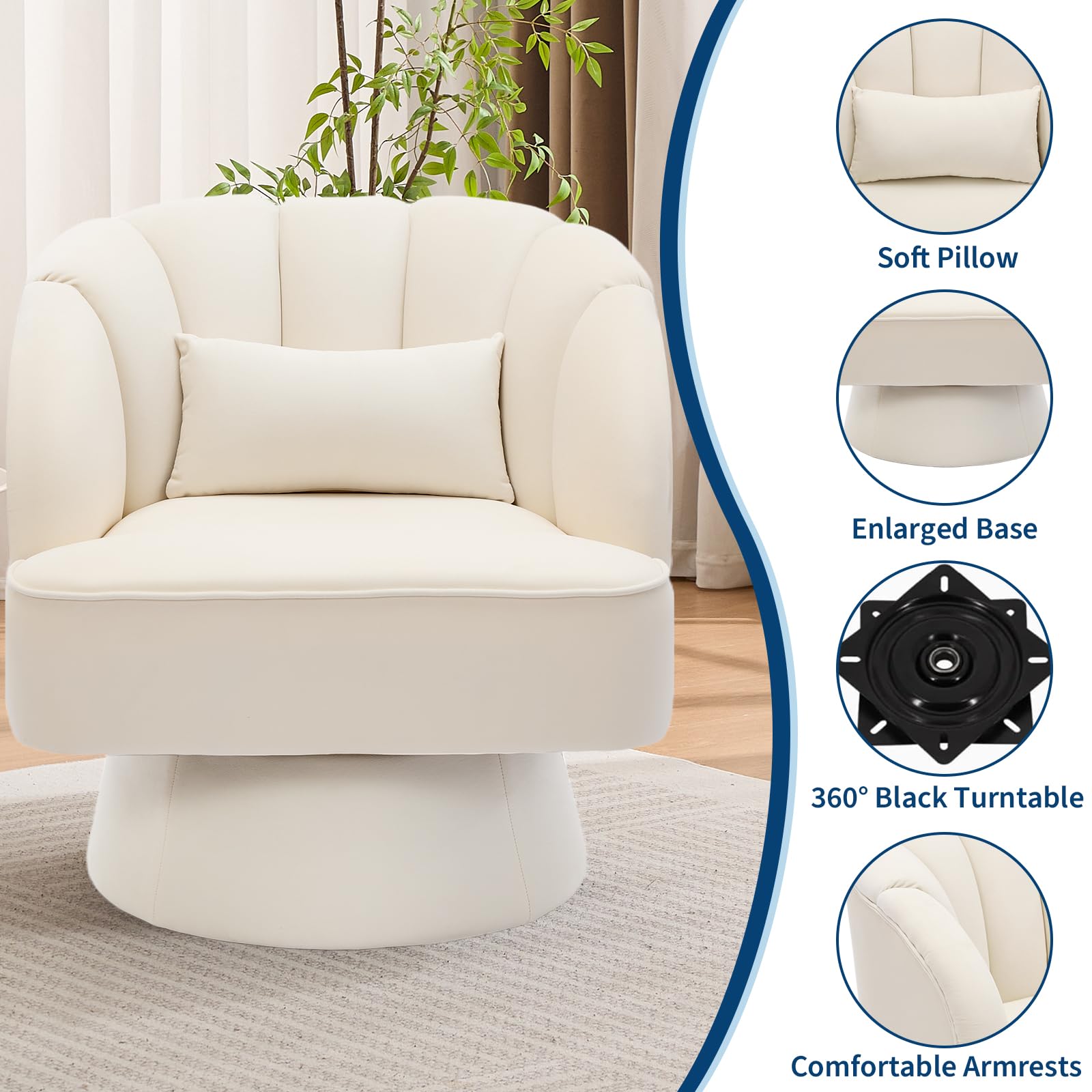 Garvee Fauteuil pivotant moderne en velours beige, rotation 360°, design confortable pour salon, chambre ou coin détente.
