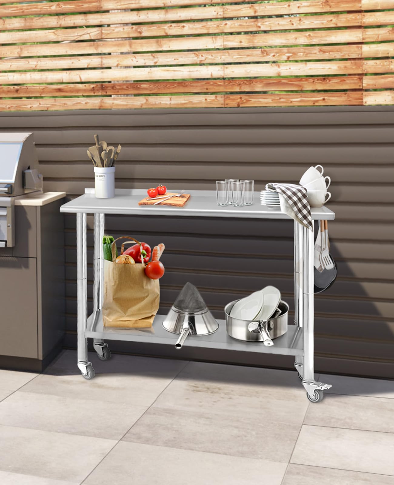 Garvee Table de préparation inox avec 5 crochets et roulettes, meuble mobile pour cuisine professionnelle