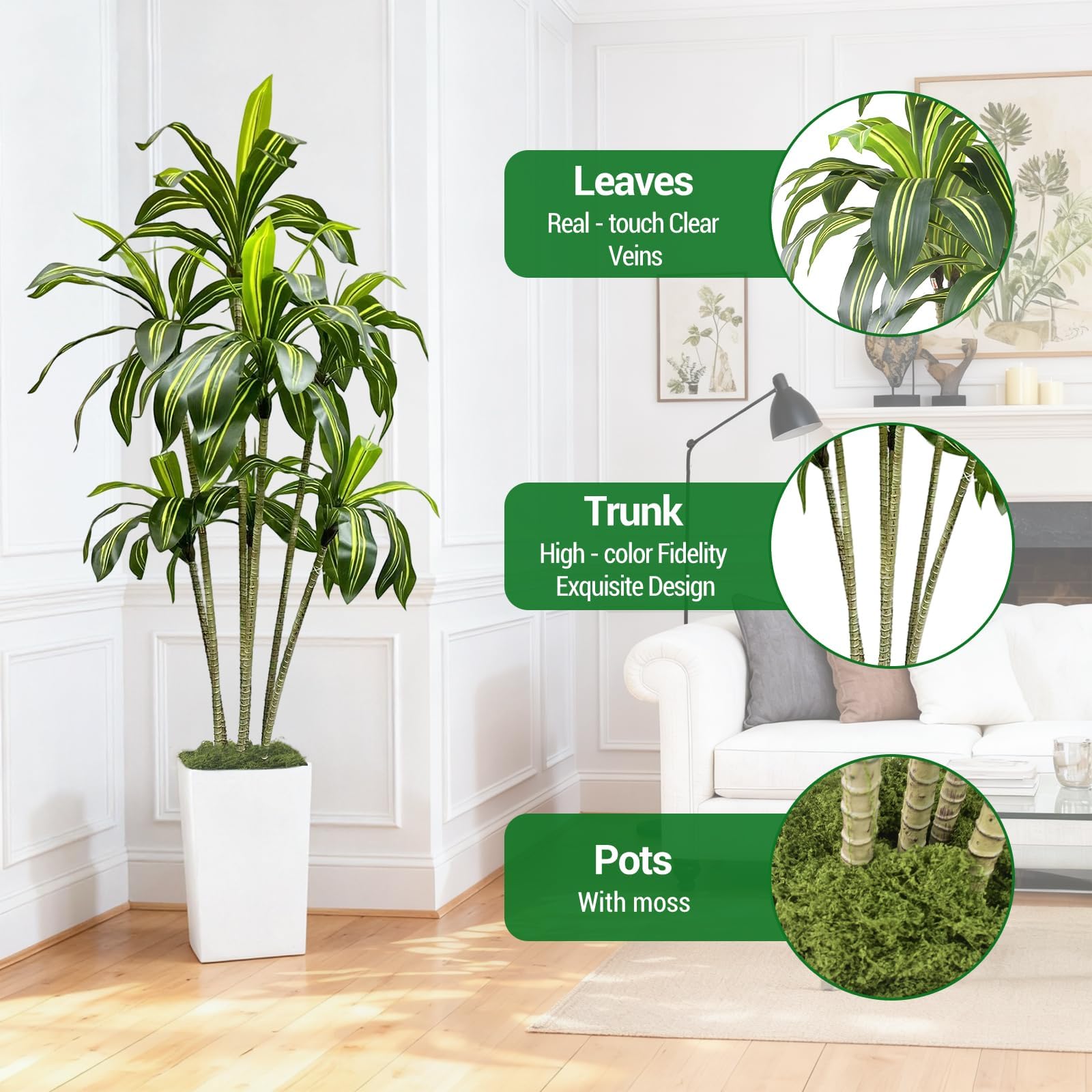 Arbre dragon artificiel Garvee de 180 cm avec pot de fleurs blanc pour salon, balcon ou bureau. Plante tropicale en plastique, réaliste et ajustable.