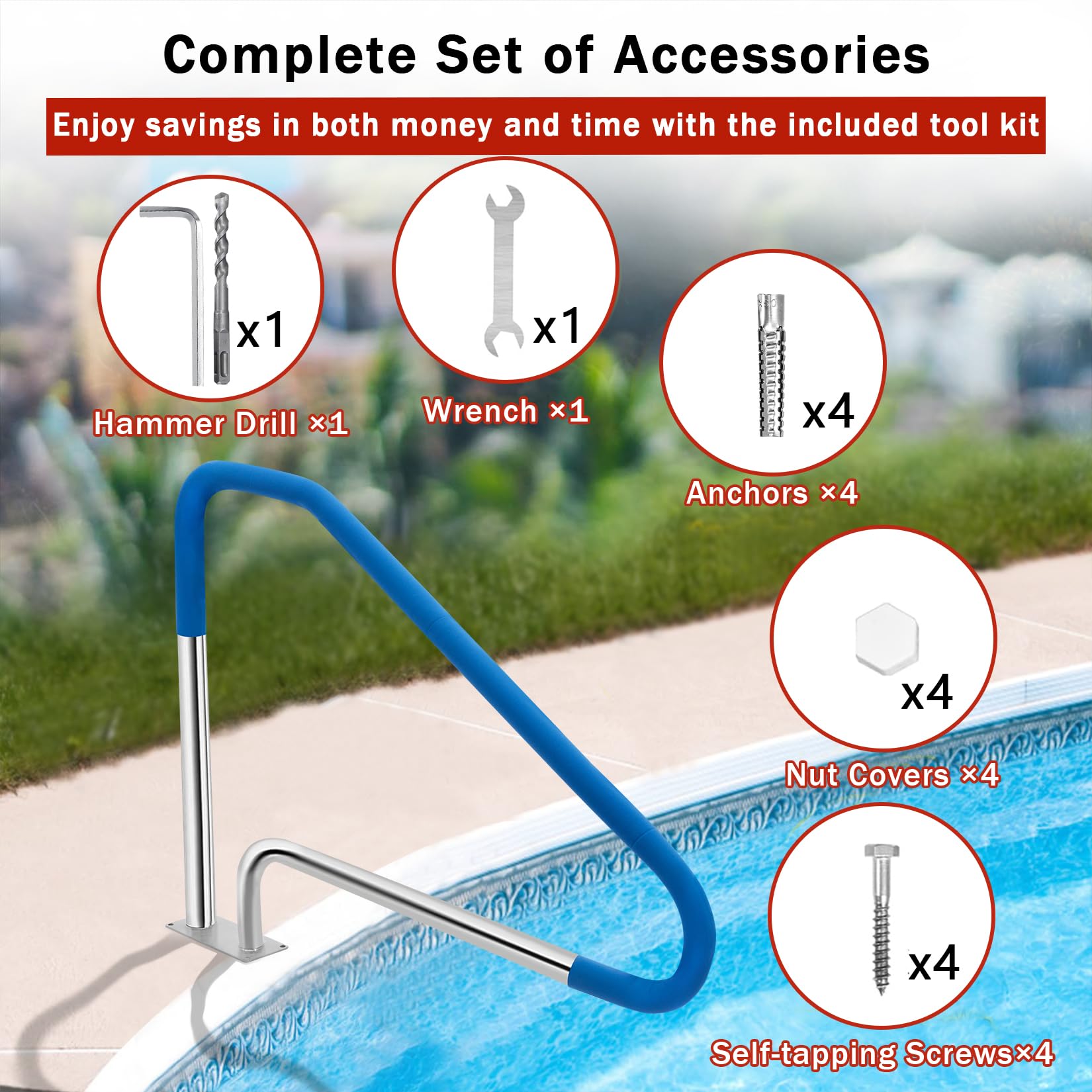 Main courante de piscine Garvee en acier inoxydable 304 avec poignées antidérapantes pour piscines enterrées, capacité de charge de 170 kg