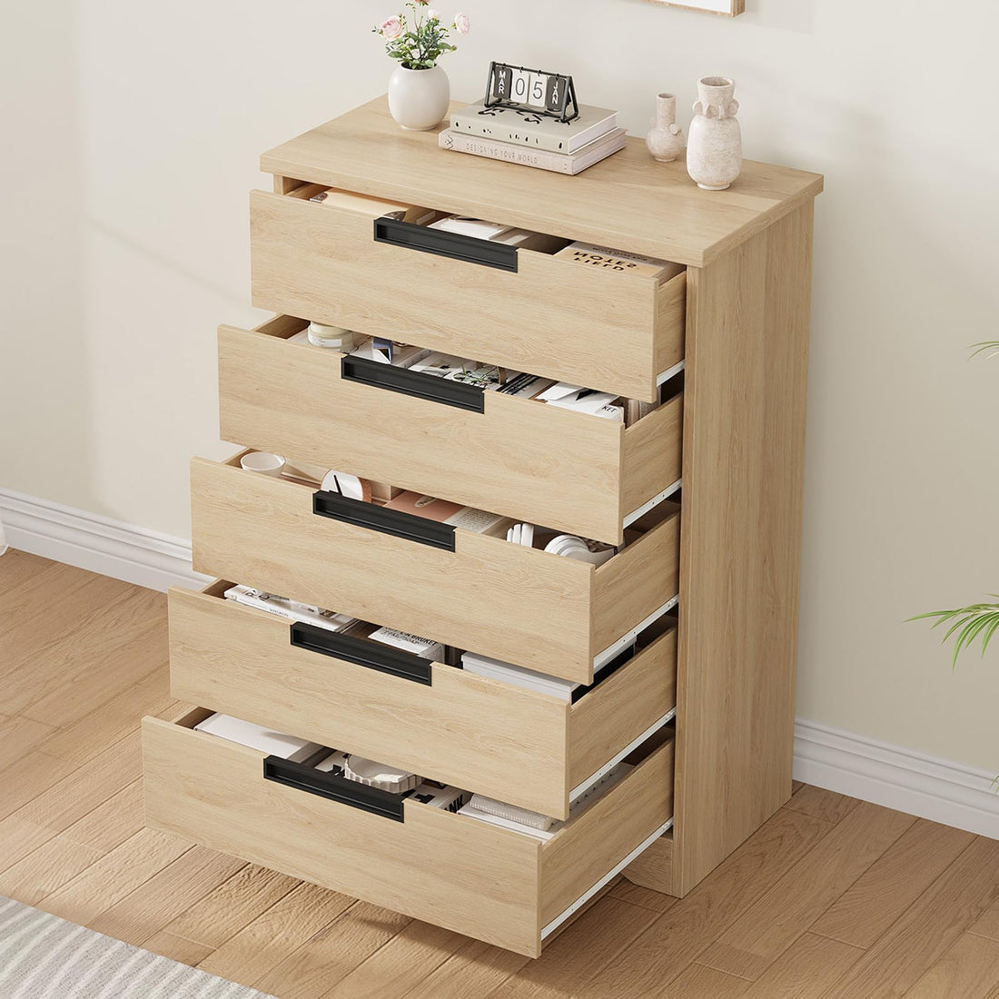 Garvee commode à 5 tiroirs en bois avec poignées intégrées, idéale pour la chambre et le salon. design moderne, robuste et polyvalente. couleur : blanc