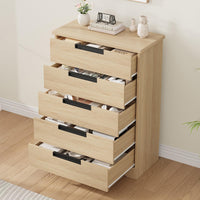 Commode Garvee à 5 tiroirs en bois avec poignées intégrées, idéale pour la chambre et le salon. Design moderne, robuste et polyvalente. Couleur : blanc.
