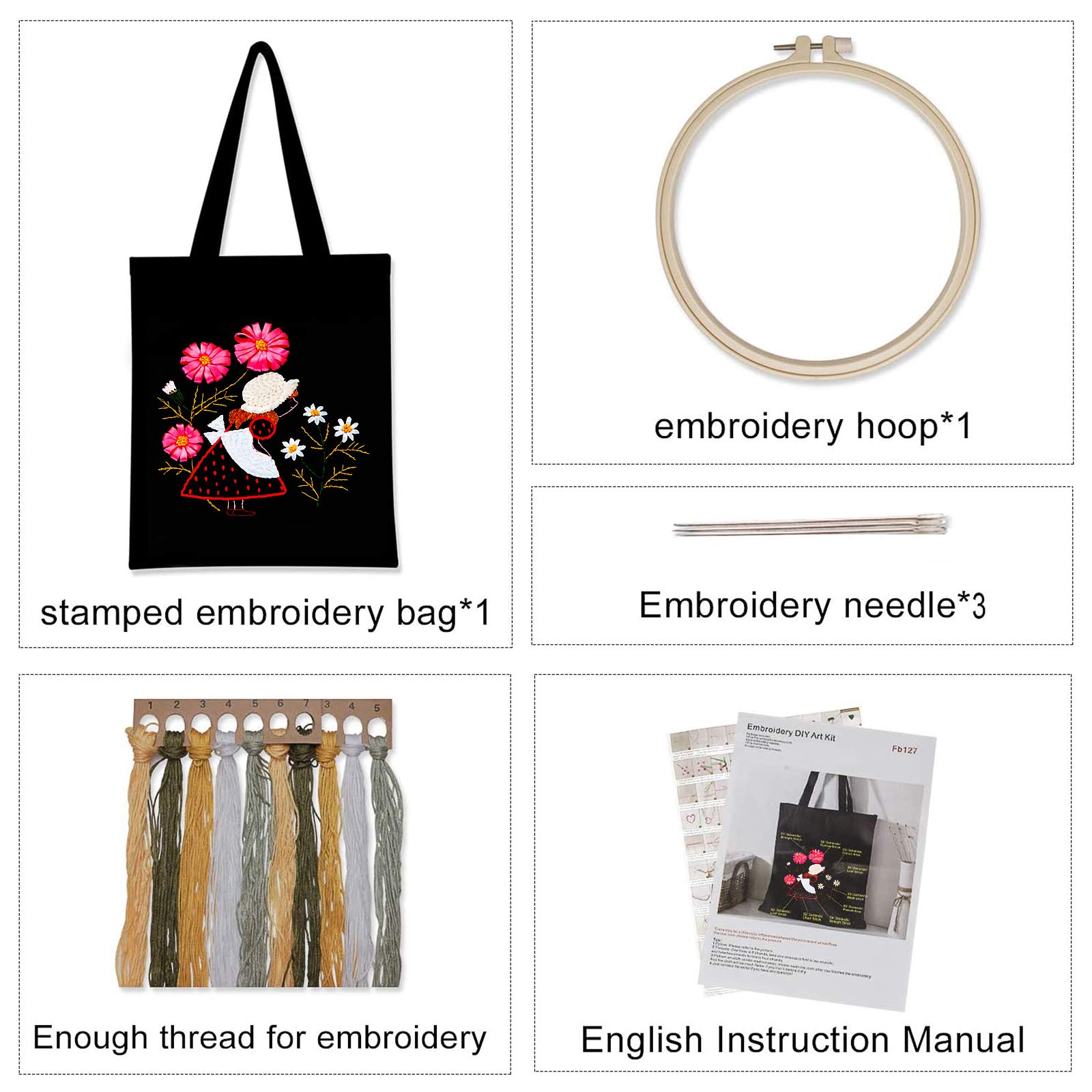 Ensemble de bordures Garvee pour sac en toile avec motif floral, kit de broderie au point de croix, fil à broder, tambour à broder pour filles, idée cadeau de loisirs créatifs.