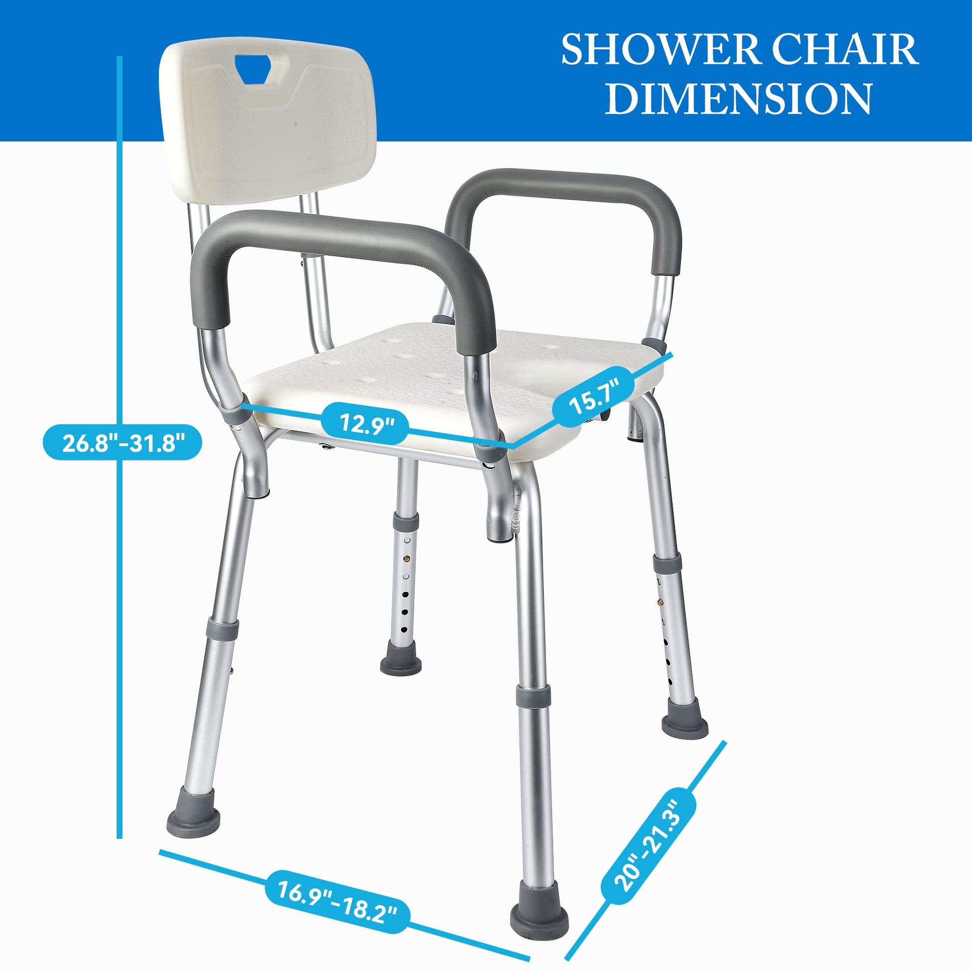 GARVEE Siège de douche en U avec dossier et accoudoirs réglables, structure aluminium, assise antidérapante, pour seniors, PMR et salle de bain, argenté