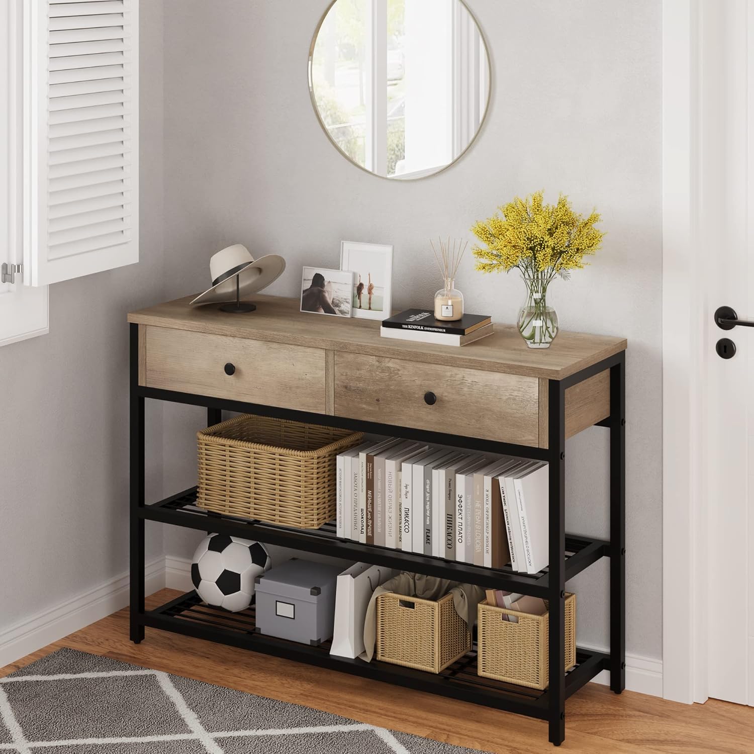 Console Garvee avec 2 tiroirs, structure en métal, étagère métallique à 2 niveaux pour entrée et salon, pieds réglables, robuste, panneaux de particules, noir