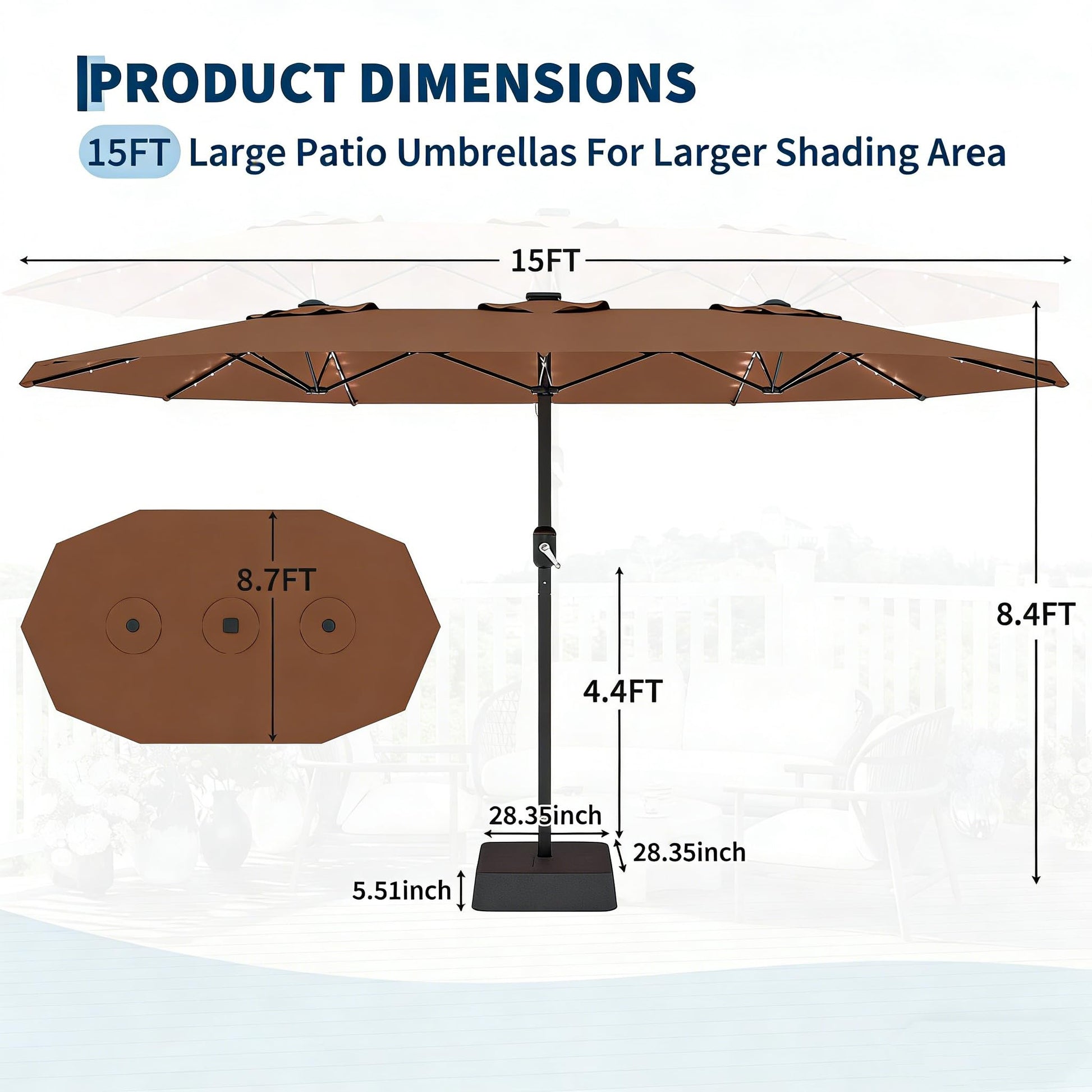 Garvee Parasol de Jardin 270 × 450 cm avec LED et Recharge Solaire, Protection UV, Toile Polyester Imperméable, Cadre en Fer Antirouille, Inclinaison Réglable