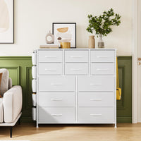 Commode Garvee blanche à 12 tiroirs en tissu avec poches latérales pour chambre et salon, robuste, légère et polyvalente