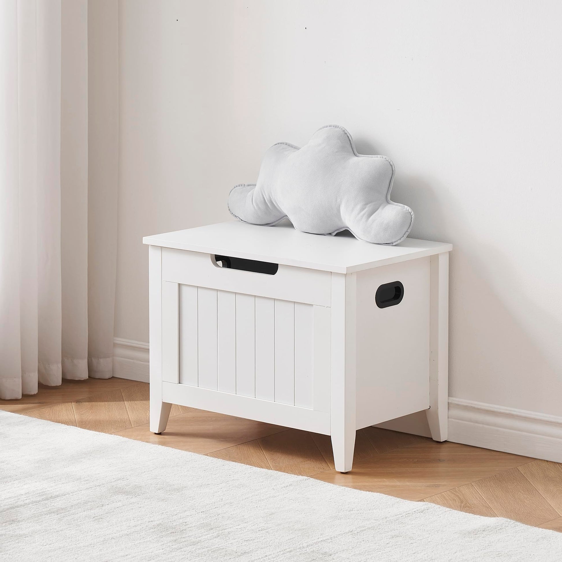Banc de rangement Garvee avec charnières de sécurité, plateau rabattable de 60 cm, pieds en bois, blanc, pour entrée et salon