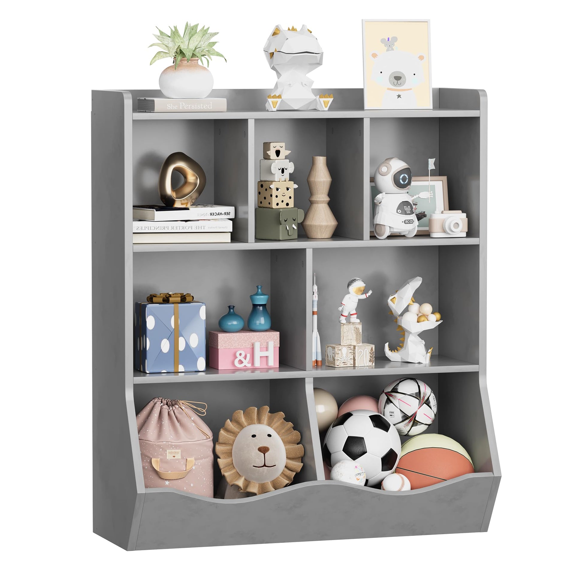 Meuble de rangement pour jouets Garvee gris pour enfants, étagère à 3 niveaux, robuste, anti-basculement, 5 étagères, chambre et salle de jeux, bois, gris