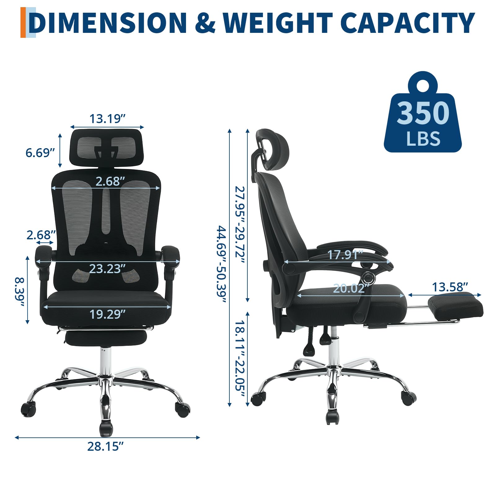 Chaise de bureau ergonomique Garvee en maille avec dossier haut, appui-tête réglable, repose-pieds, hauteur réglable, respirante, roulettes, noire