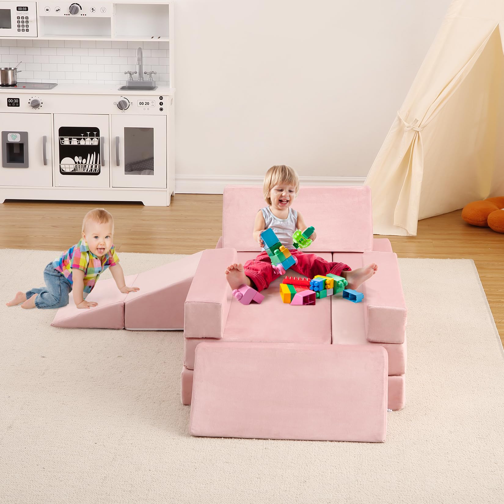 Garvee Canapé modulable enfant 12 pièces, convertible et polyvalent, mousse résistante, housse lavable, coloris teal et rose, idéal salle de jeux et chambre d’enfant