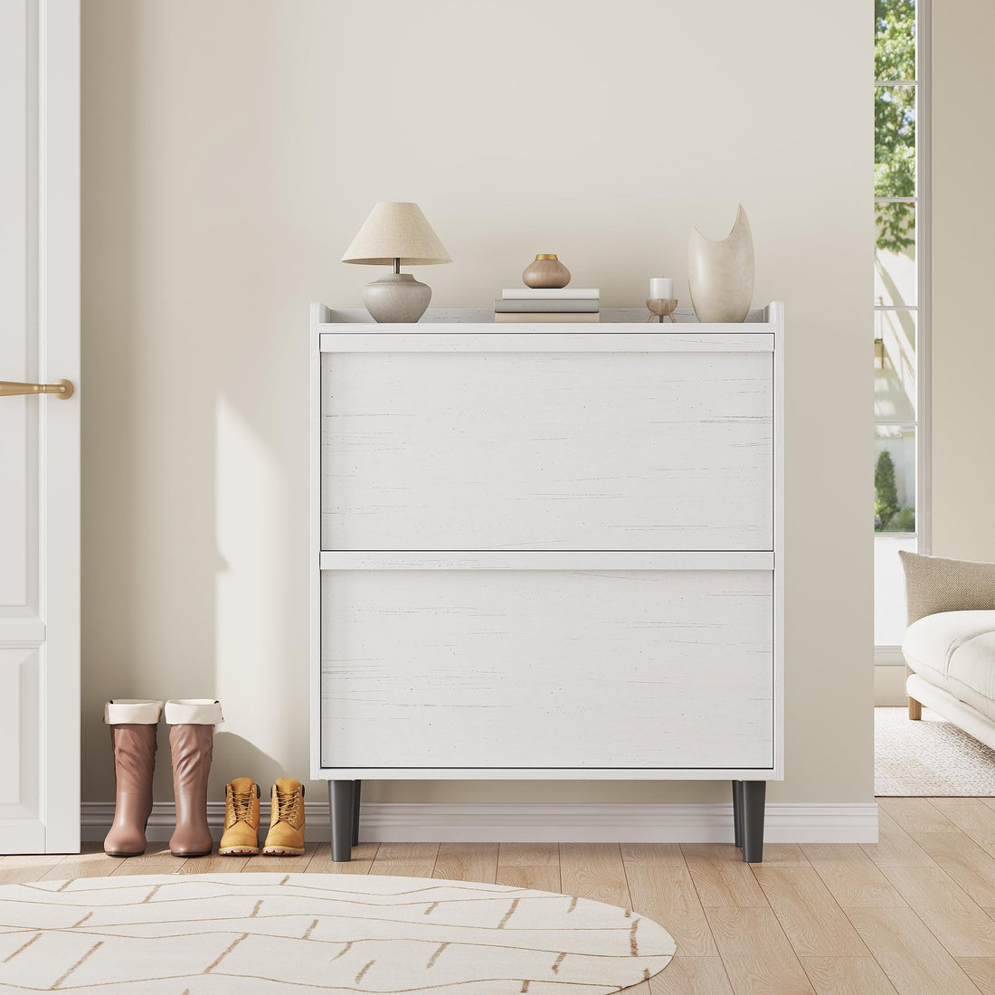 Garvee Meuble à chaussures 2 tiroirs abattants, MDF blanc, 87,6 × 26,7 × 95,2 cm, étagères réglables pour entrée et salon