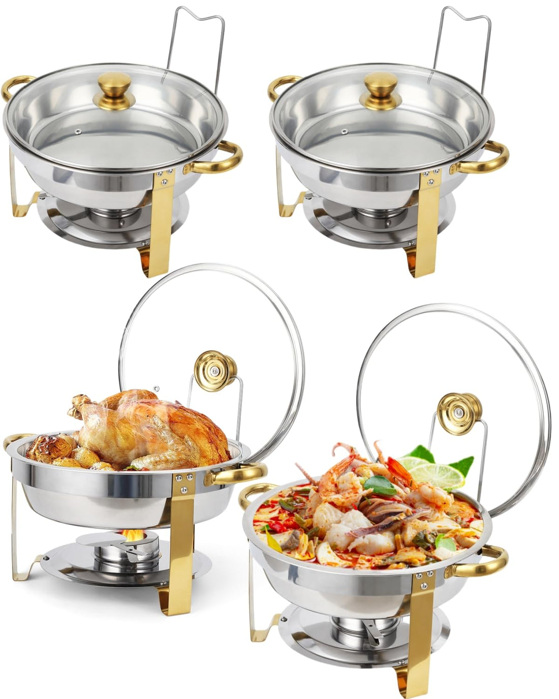 Ensemble de 4 chafing dishes Garvee, 5 QT, acier inoxydable, cadre doré, carré, 42 x 41 x 28 cm, pour grands événements et traiteurs
