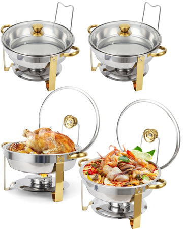 Garvee Lot de 4 chafing dishes ronds 4,7 L en acier inoxydable, couvercle en verre avec support, 42 × 41 × 28 cm, bords dorés, pour événements et camping