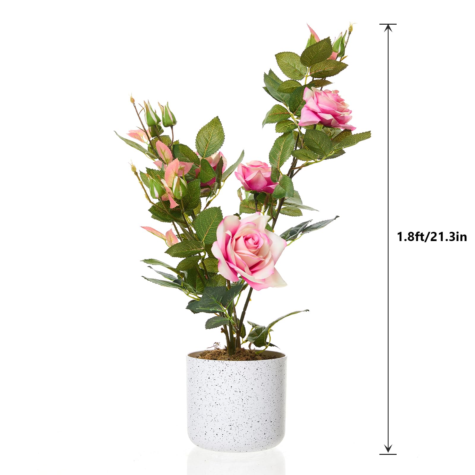 Rosier artificiel Garvee de 50 cm (lot de 2) avec fleurs roses, résistant aux intempéries, pot en plastique blanc pour intérieur et balcon.