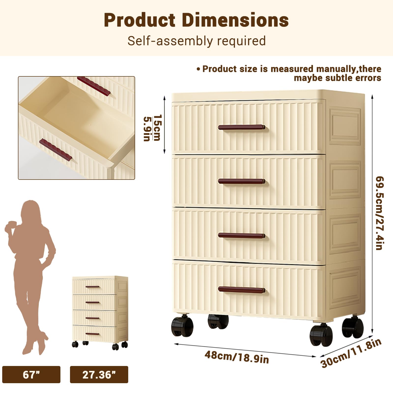 Garvee Meuble de rangement multifonctionnel avec 4 tiroirs, roulettes, plastique, couleur crème, 48cm, pour chambre et salon