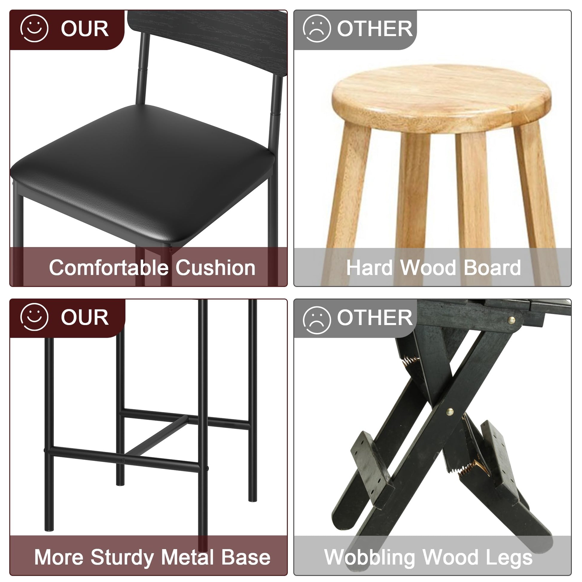 Garvee Lot de 4 tabourets de bar pour cuisine, hauteur comptoir (64 cm), assise rembourrée en PU, noir rustique