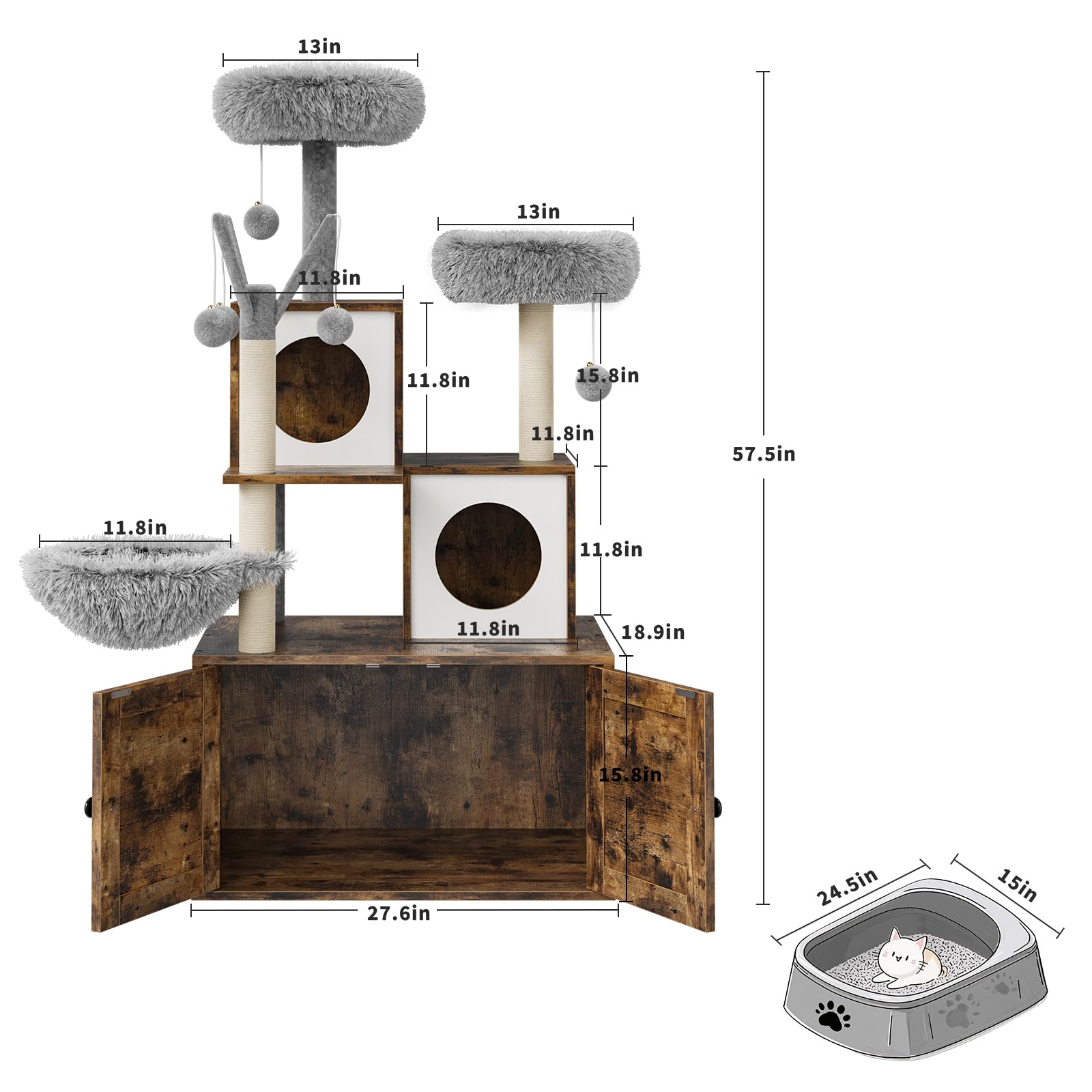 Arbre à chat Garvee 146 cm avec bac à litière intégré, maison pour chat 2 en 1, bois MDF, style moderne, gris et chêne.