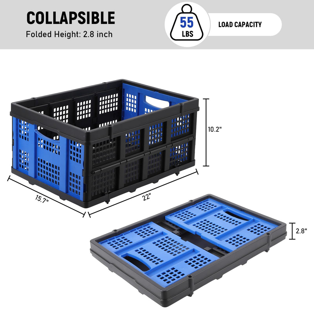 Boîte pliante professionnelle robuste Garvee avec poignées tactiles, 55 L, 40 x 56 x 26 cm, bleue - Pliable, empilable, écologique