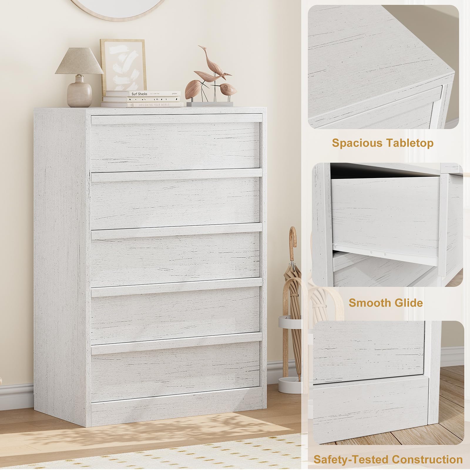 Commode Garvee à 5 tiroirs pour chambre à coucher, grand espace de rangement, design moderne, bois, robuste, blanc antique, polyvalente, convient au salon et à la chambre d'enfant.