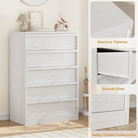 Commode Garvee à 5 tiroirs pour chambre à coucher, grand espace de rangement, design moderne, bois, robuste, blanc antique, polyvalente, convient au salon et à la chambre d'enfant.
