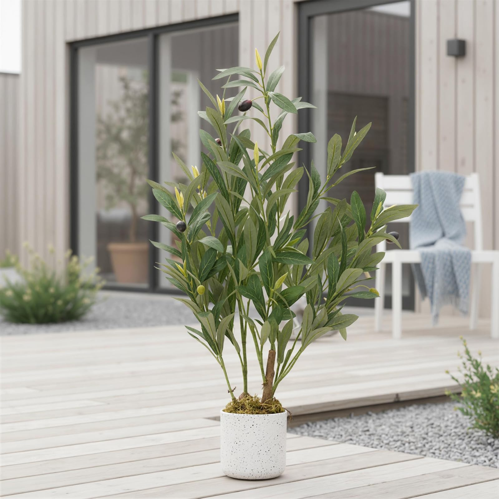 Olivier artificiel Garvee de 60 cm avec feuilles réalistes et 8 fruits, pot en ciment robuste pour salon et bureau, vert polyester
