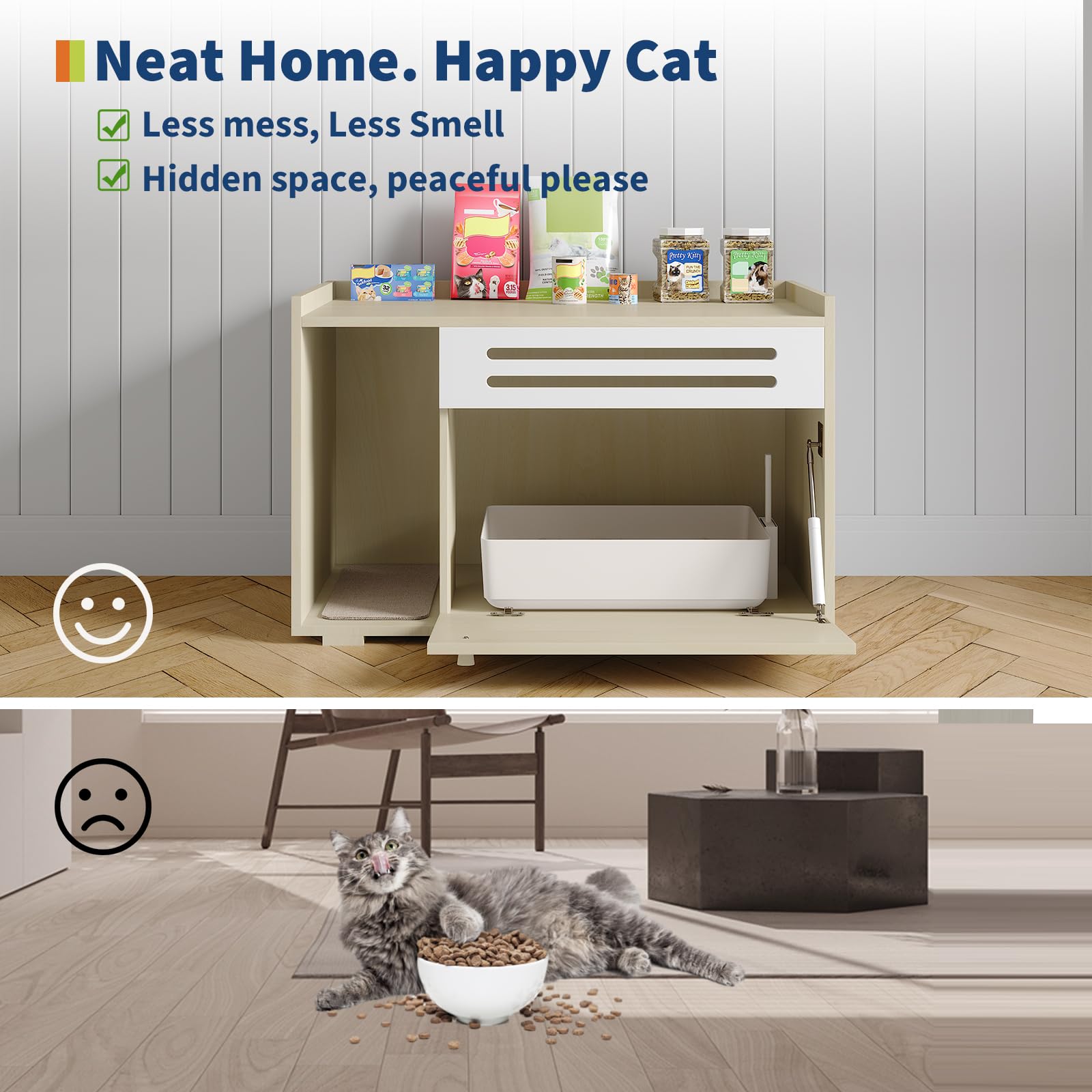Bac à litière Garvee Hideaway avec ventilation, porte à charnières, en bois, idéal pour le salon et la chambre, design moderne, contrôle des odeurs, nettoyage facile