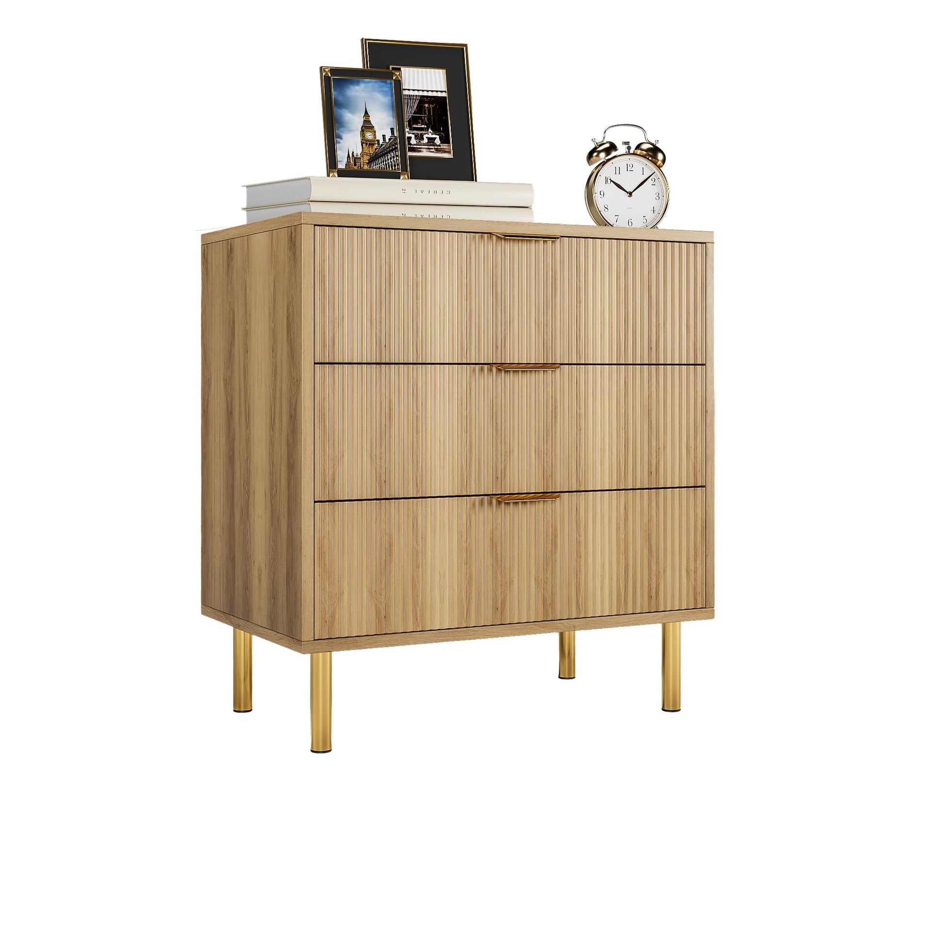 Garvee Commode à 3 tiroirs, style moderne, bois et pieds en métal, panneau cannelé, pour la chambre et le bureau, 71 cm (P)×43 cm (L)×76 cm (H)