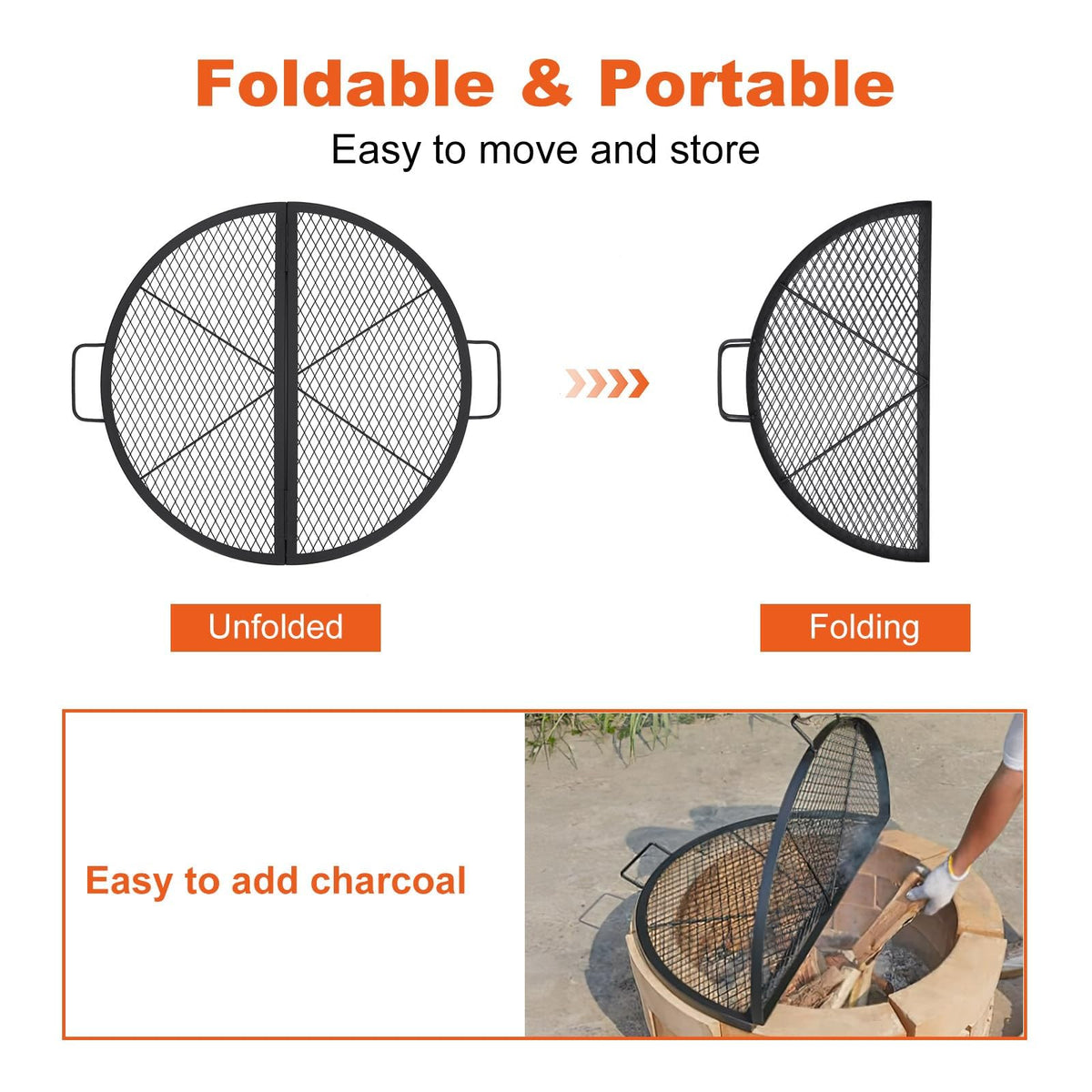 Grille de barbecue pliable Garvee X-Marks en acier robuste, idéale pour le camping et les grillades en extérieur. Grande surface de cuisson, résistante à la chaleur jusqu'à 600 °C, avec poignées.