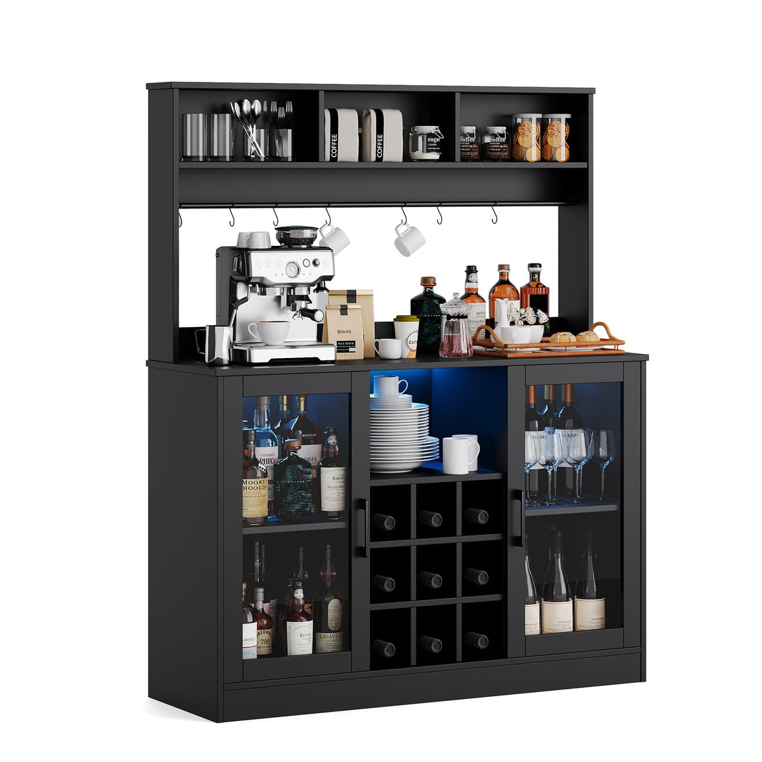 Garvee meuble bar à vin avec éclairage LED et prise, 9 casiers à bouteilles et 6 crochets, en bois aggloméré, pour cuisine et salon, étagère réglable, design moderne
