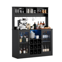 Meuble bar à vin Garvee avec éclairage LED et prise, 9 casiers à bouteilles et 6 crochets, en bois aggloméré, pour cuisine et salon, étagère réglable, design moderne