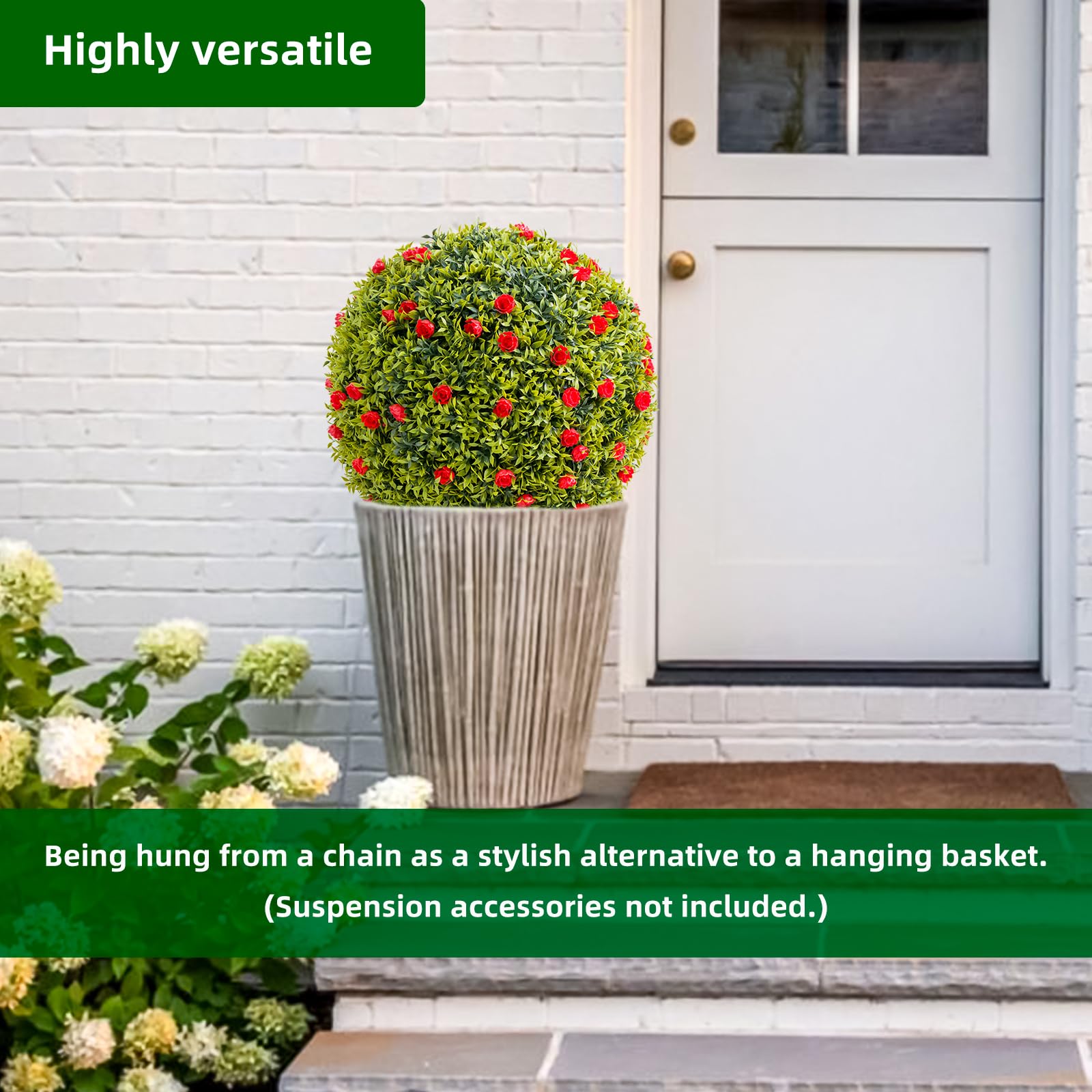 Garvee Lot de 2 boules de buis artificiel de 57 cm (22,4 po) avec fleurs rouges pour balcon et jardin, en polyéthylène résistant aux intempéries, vert