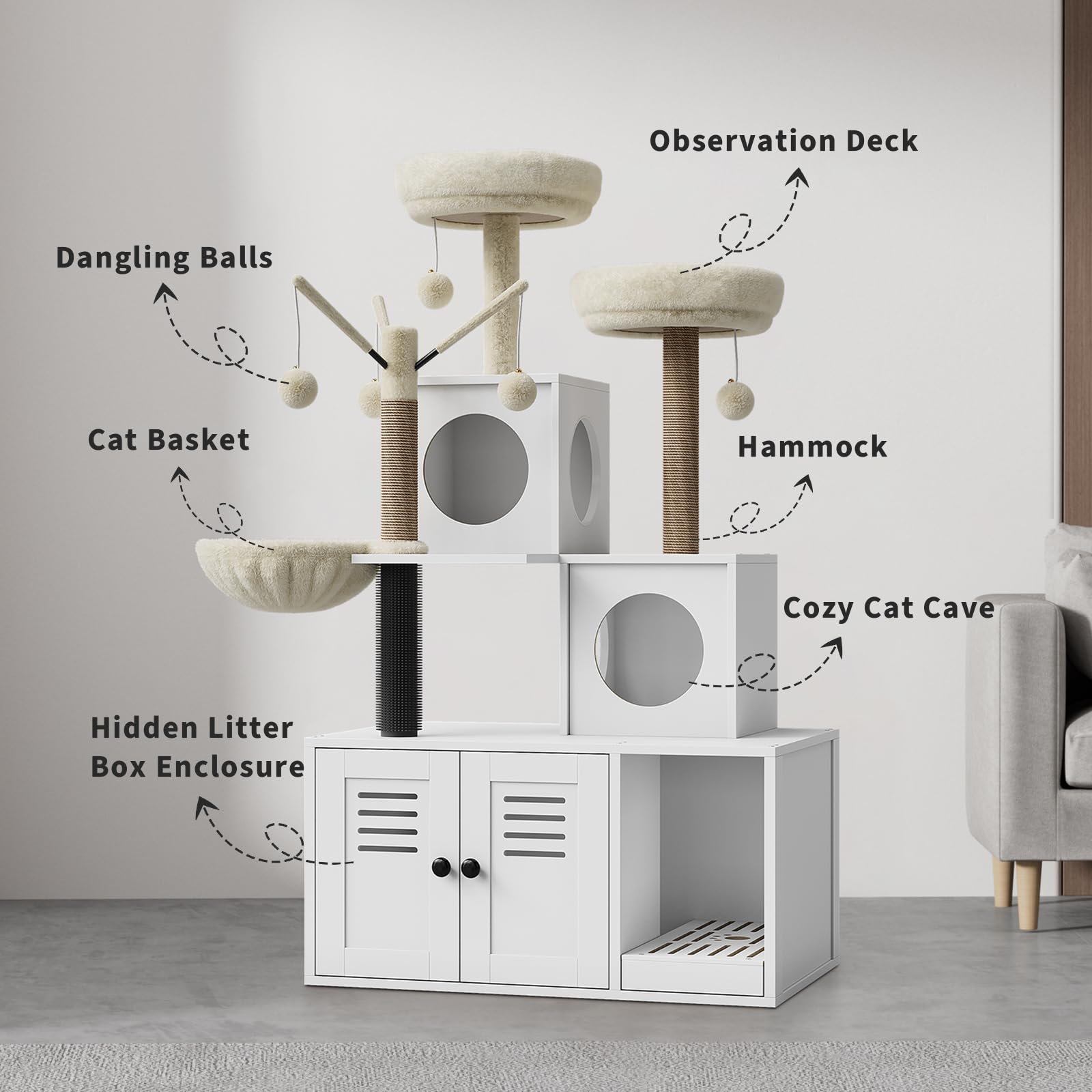 Meuble pour chat Garvee 2-en-1 avec bac à litière et griffoir en sisal pelucheux, plusieurs niveaux, style moderne, idéal pour le salon.