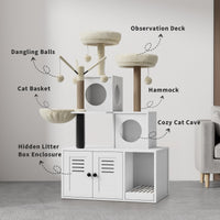 Meuble pour chat Garvee 2-en-1 avec bac à litière et griffoir en sisal pelucheux, plusieurs niveaux, style moderne, idéal pour le salon.