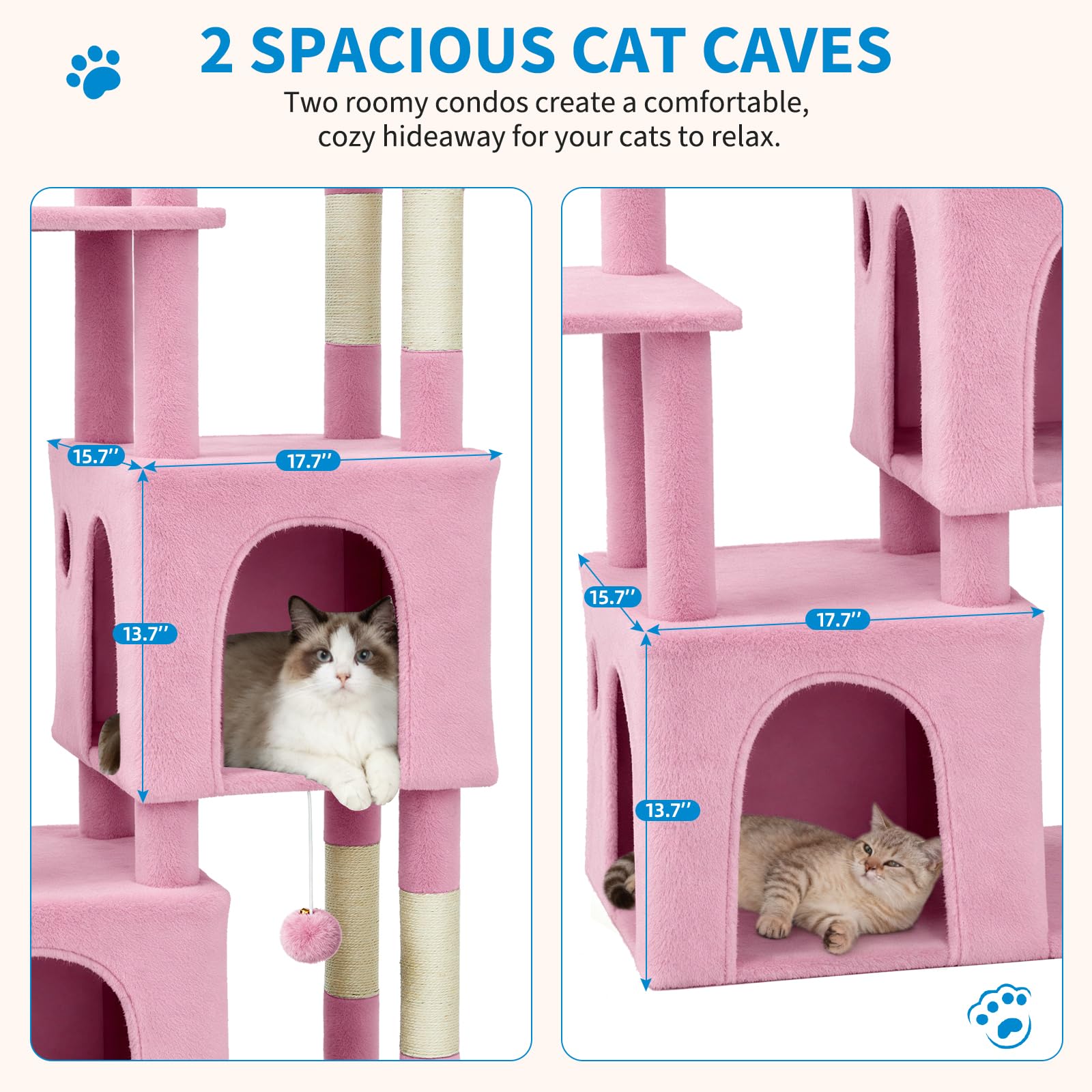 Garvee Arbre à Chat 155 cm Multi-Niveaux pour Grands Chats, Tour Stable avec Grande Plateforme, Rose