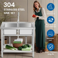 Garvee Évier Inox 2 Bacs avec Robinet Double Réglable et Tuyau de Vidange, Évier sur Pied pour Maison, Garage et Cuisine, 84 × 46 × 76 cm