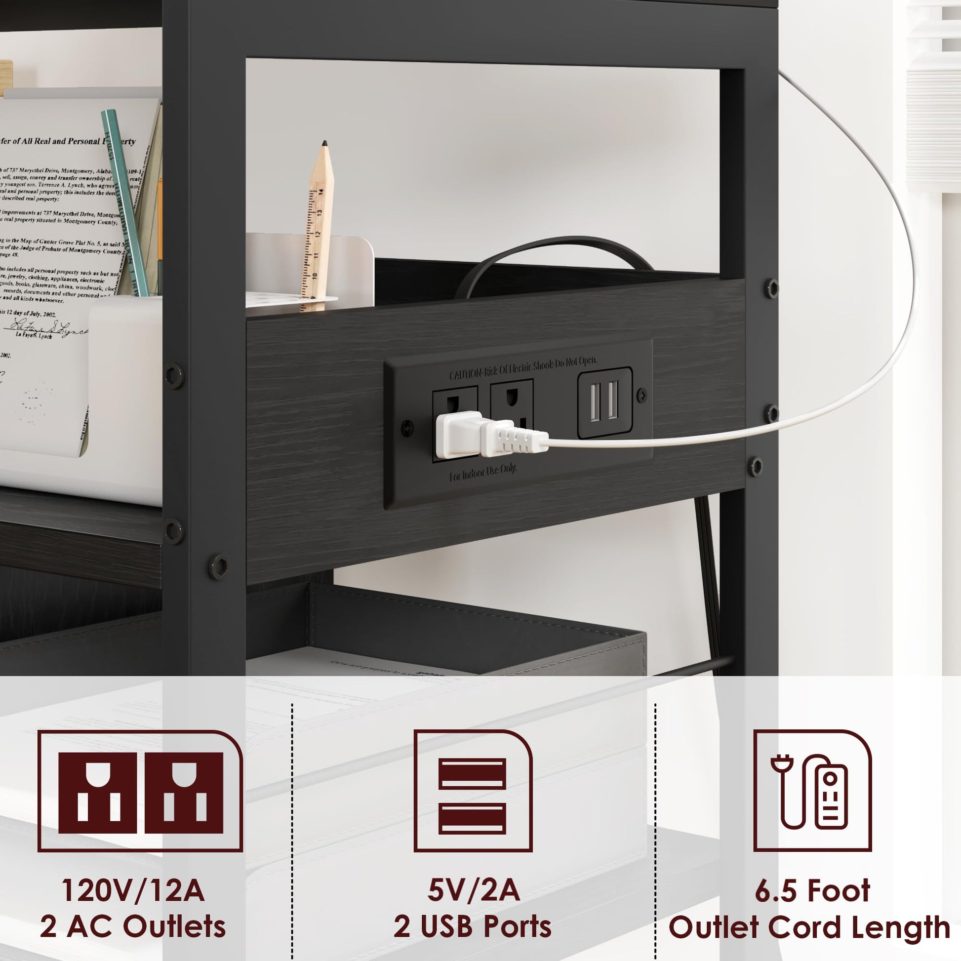 Garvee Meuble imprimante mobile à roulettes, 4 niveaux avec étagères, ports USB et prises intégrées, structure en acier robuste, noir rustique, pour bureau et maison