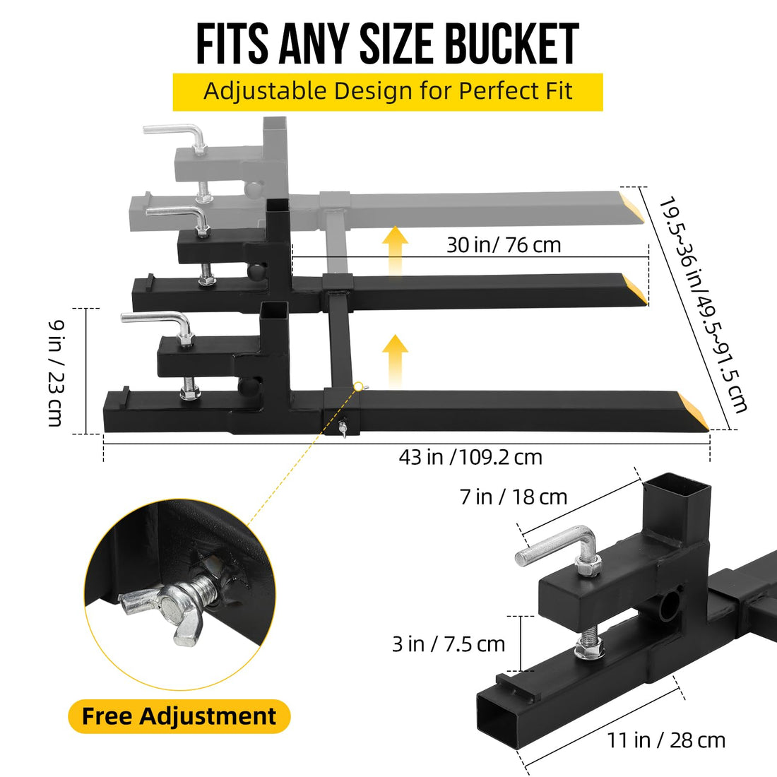 Garvee Fourches à Palettes en Acier Allié 109 cm, Capacité 907 kg, avec Barre Stabilisateur Réglable, Idéales pour Tracteurs et Chargeurs