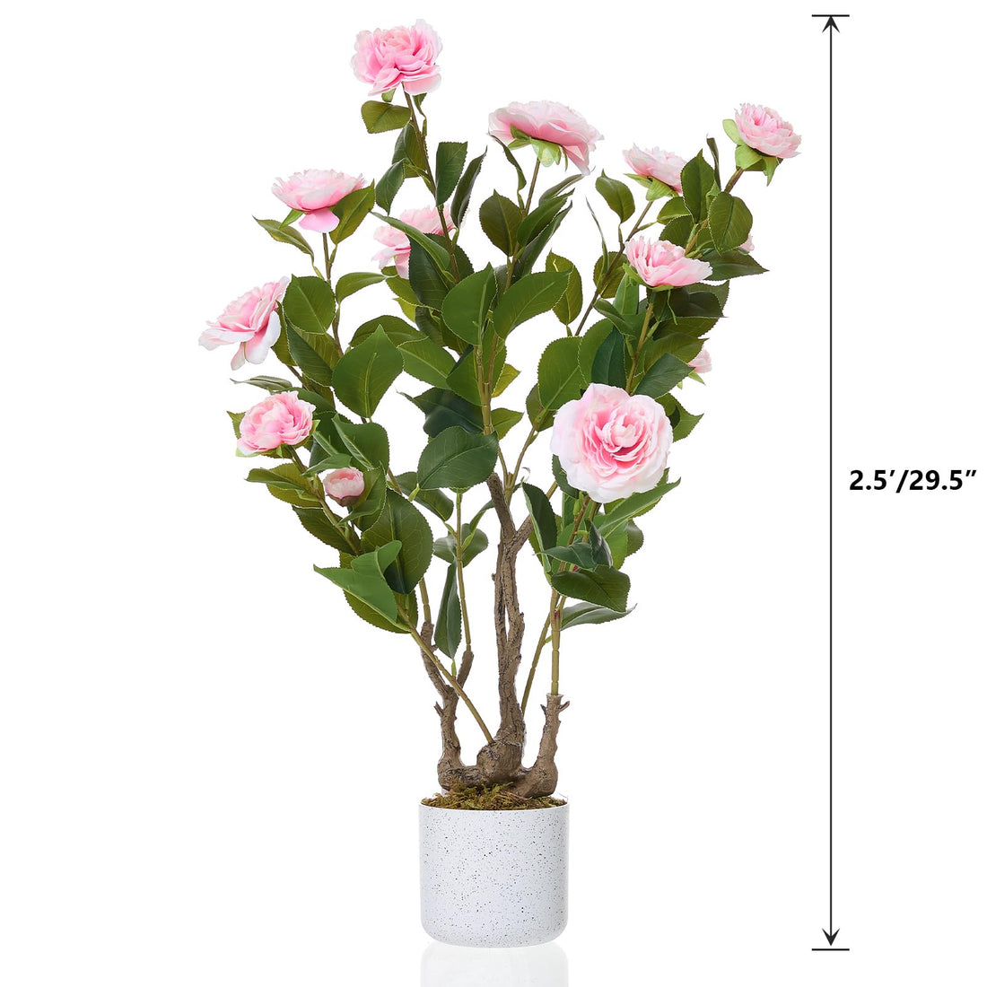 Garvee Camélia artificiel de 76cm avec 16 fleurs roses, facile d'entretien, en polyester et PEVA, pot blanc pour la maison et le bureau