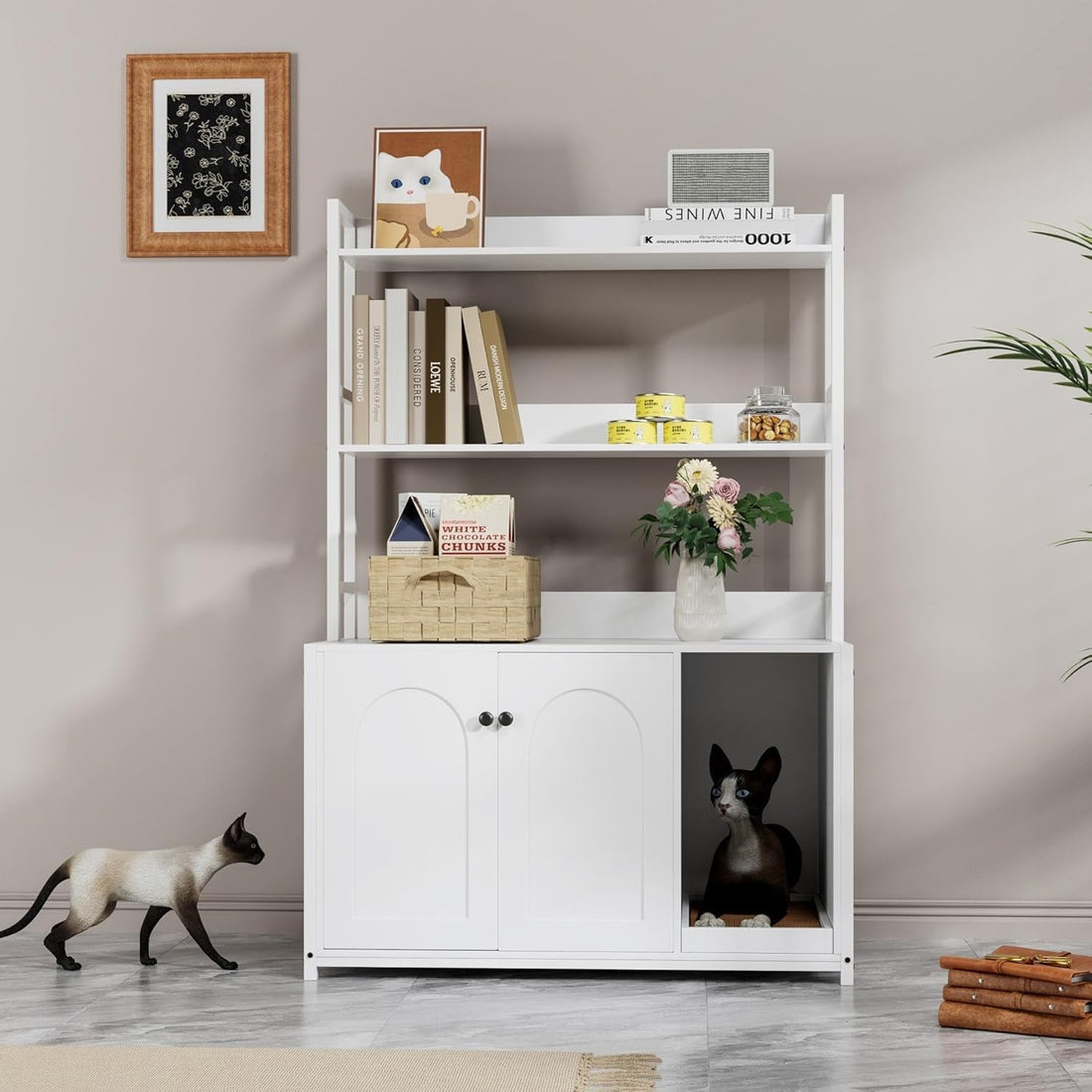 Enclos pour bac à litière Garvee avec 2 portes et griffoir, MDF et acier, 3 étagères, blanc, pour salon et chambre, espace chat caché, 57,4 cm x 42,4 cm x 55,1 cm