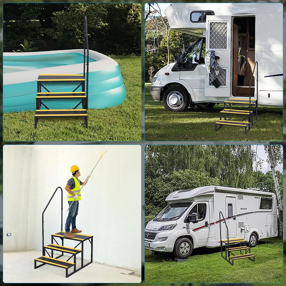 Garvee Escalier portable 3 marches avec rampe, bandes antidérapantes, métal robuste, pour camping-car, mobil-home, caravane, spa, piscine hors-sol, intérieur/extérieur